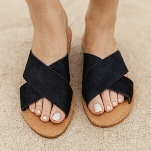 LFL LF/Life SZ 8 Mira Black Pony Leather Slide Sandal